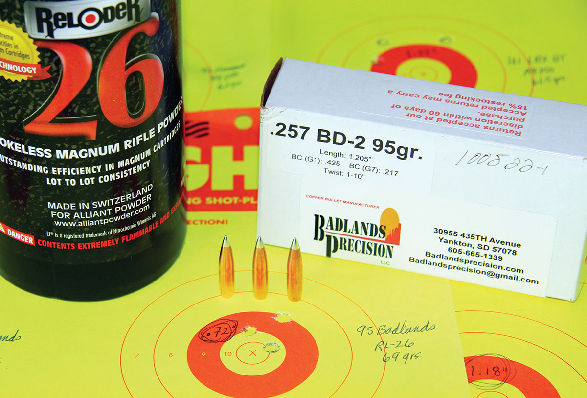 The 95-grain Bulldozer2 by Badlands Precision produced this .72-inch group at 3,642 fps when paired with 69 grains of Alliant Reloder 26.